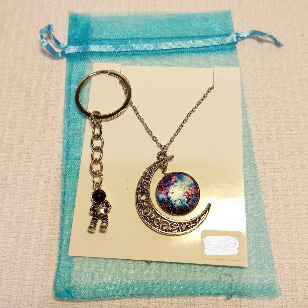 Celestial Moon Planet Necklace & Spaceman Key chain